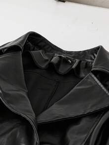 Grovea Plus Size Fashionable Loose Casual PU Leather Windbreaker, Autumn Fall - Black - View 4