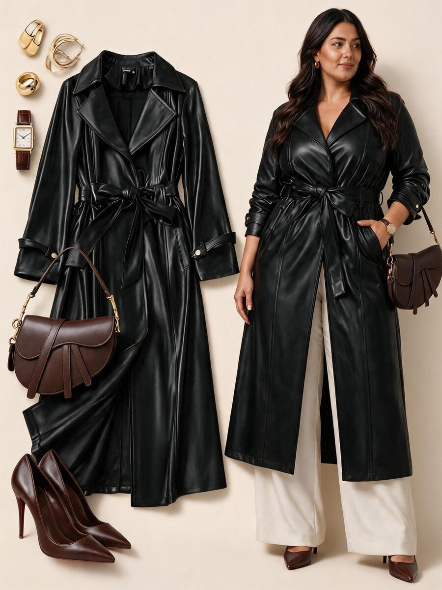 Grovea Plus Size Fashionable Loose Casual PU Leather Windbreaker, Autumn Fall - Black - View 1