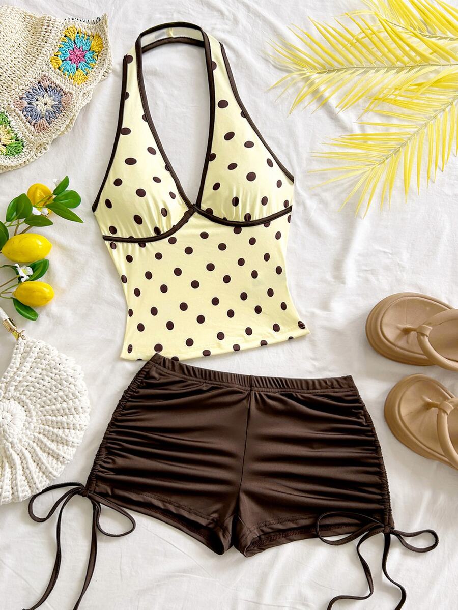 Soleia Women's Polka Dot Print Backless Halter Top And Shorts 2 Pieces Set - Multicolor - View 1