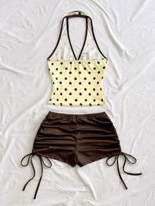 Soleia Women's Polka Dot Print Backless Halter Top And Shorts 2 Pieces Set - Multicolor - View 2