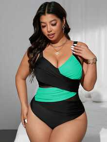 SHEIN Swim Curve Plus Size Women Criss-Cross Dual-Tone Mesh Panel One-Piece Swimsuit, Summer Beach Party Vacation Vacation Black Sexy - Mint Green - View 4