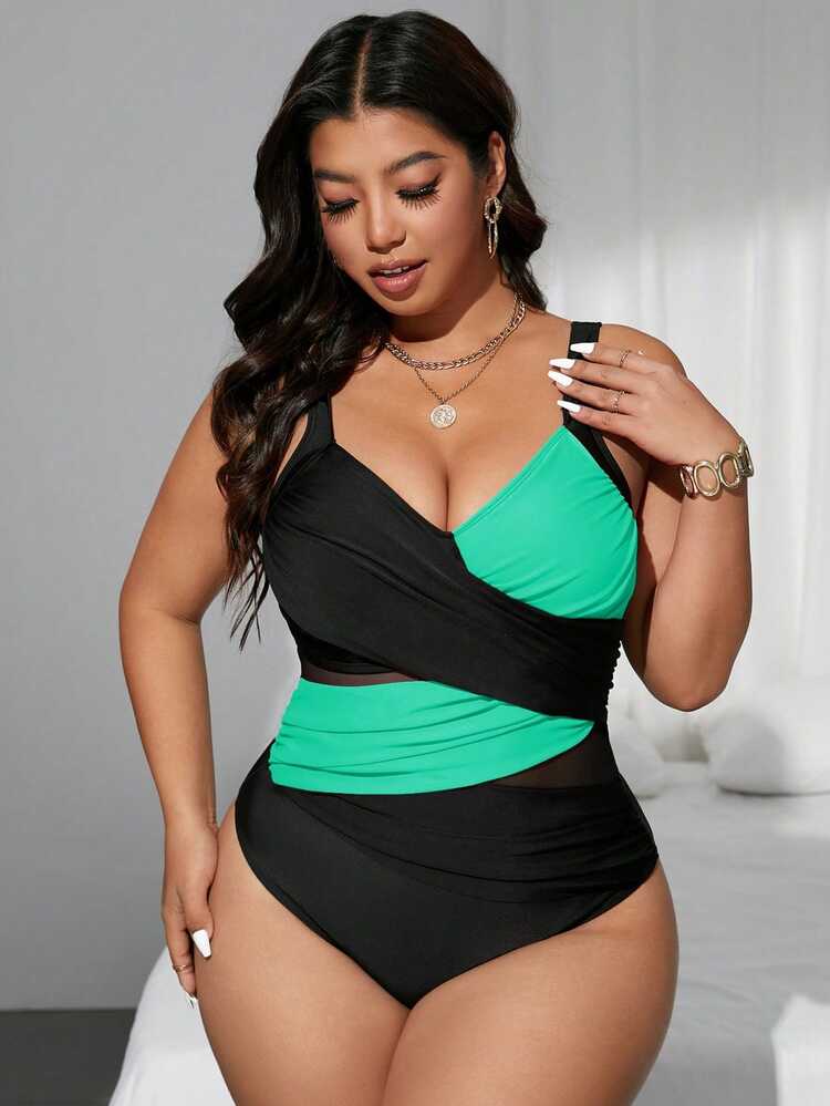 SHEIN Swim Curve Plus Size Women Criss-Cross Dual-Tone Mesh Panel One-Piece Swimsuit, Summer Beach Party Vacation Vacation Black Sexy - Mint Green - View 4