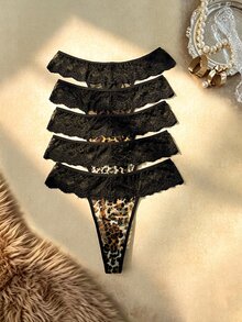 Bare Chapter 5pcs Leopard Print Lace Trim Women's Panty Set, Soft And Comfortable Fabric, Suitable For Daily Wear And All Seasons, Fashionable And Sexy Leopard Design, Perfect For Dates And Parties - Multicolor - View 10