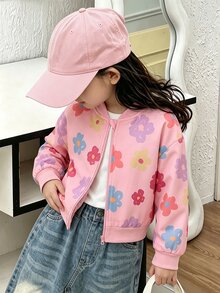 SHEIN 少女時尚撞色字母印花短版寬鬆立領拉鍊機車棒球夾克，適合秋季 - 粉色 - 查看 3