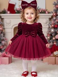 SHEIN Baby Girl Christmas Gigot Sleeve Bow Front Mesh Flare Hem Velvet Autumn Dress - Red - View 5