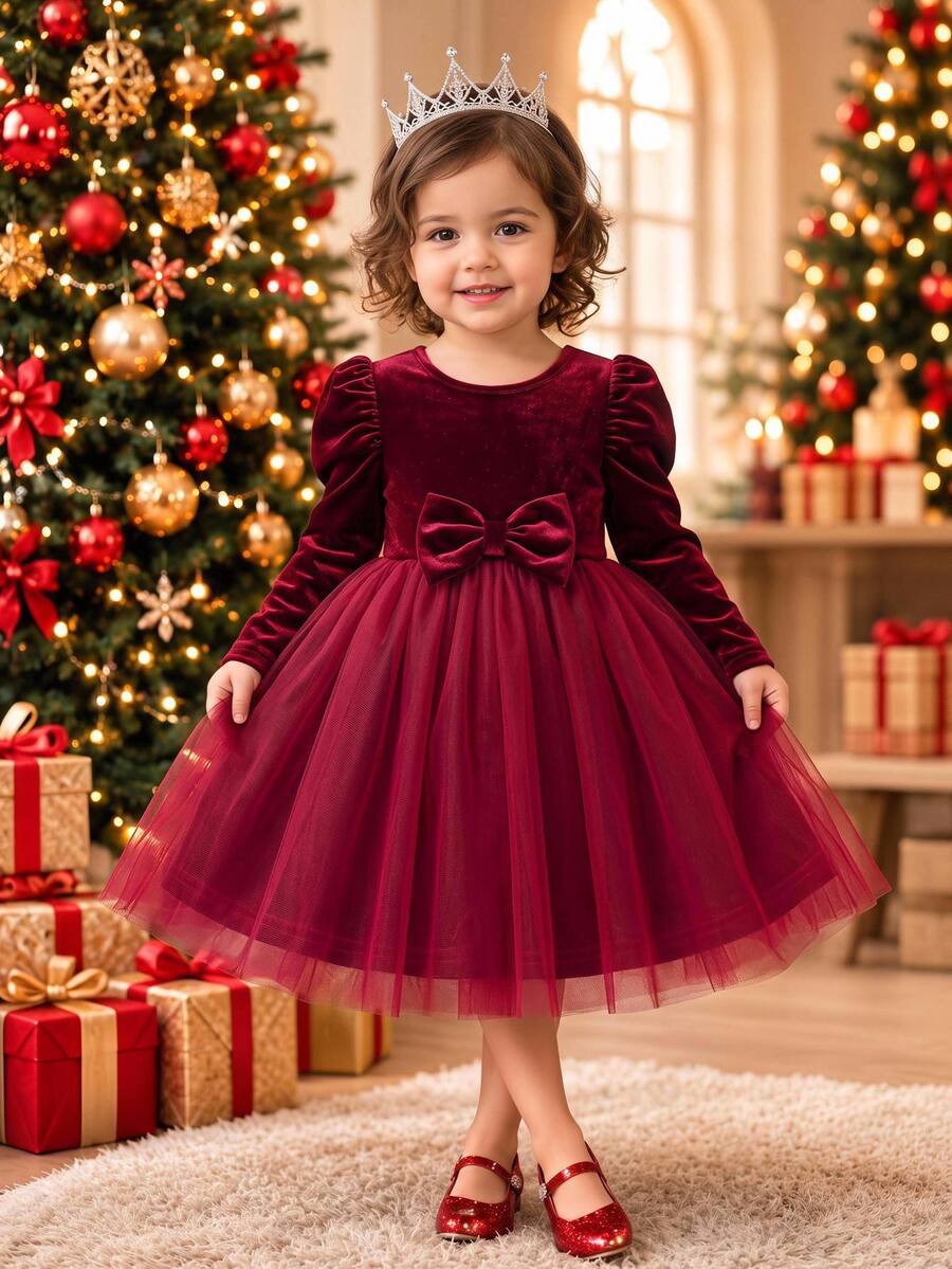 SHEIN Baby Girl Christmas Gigot Sleeve Bow Front Mesh Flare Hem Velvet Autumn Dress - Red - View 1