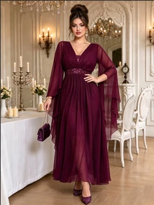 Roveilla Plus Size Women's Sequin Fashion Shiny Elegant Dress, Suitable For Parties Wedding Formal And Banquets Christmas Burgundy Fall - Burgundy - View 4