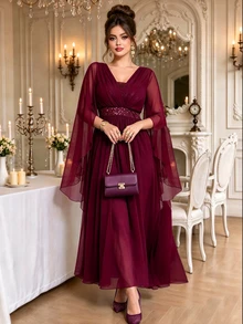 Roveilla Plus Size Women's Sequin Fashion Shiny Elegant Dress, Suitable For Parties Wedding Formal And Banquets Christmas Burgundy Fall - Burgundy - View 5