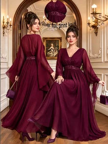 Roveilla Plus Size Women's Sequin Fashion Shiny Elegant Dress, Suitable For Parties Wedding Formal And Banquets Christmas Burgundy Fall - Burgundy - View 3
