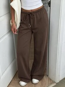 SHEIN EZwear Women's Solid Color Drawstring Elastic Waist Casual Daily Versatile Loose Sweatpants Airport Dark Brown Fall - Brown - View 8