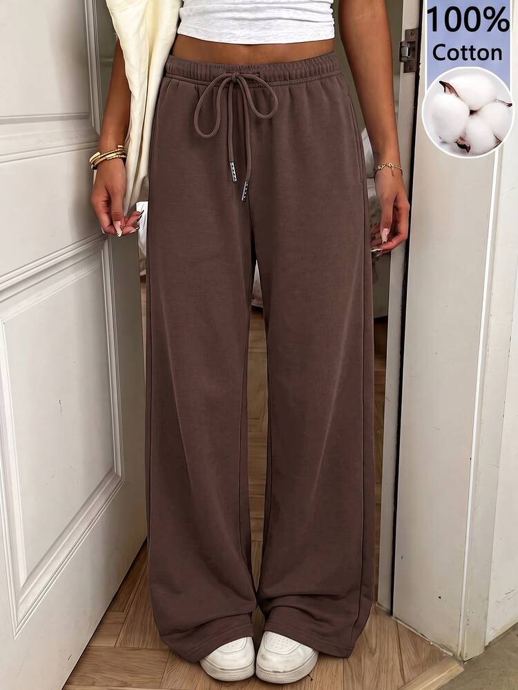 SHEIN EZwear Celana Jogging Longgar Kasual Serbaguna untuk Wanita, Warna Polos, Tali Serut, Pinggang Elastis, Cocok untuk Harian, Warna Cokelat Tua, Cocok untuk Musim Gugur. - Coklat - View 4