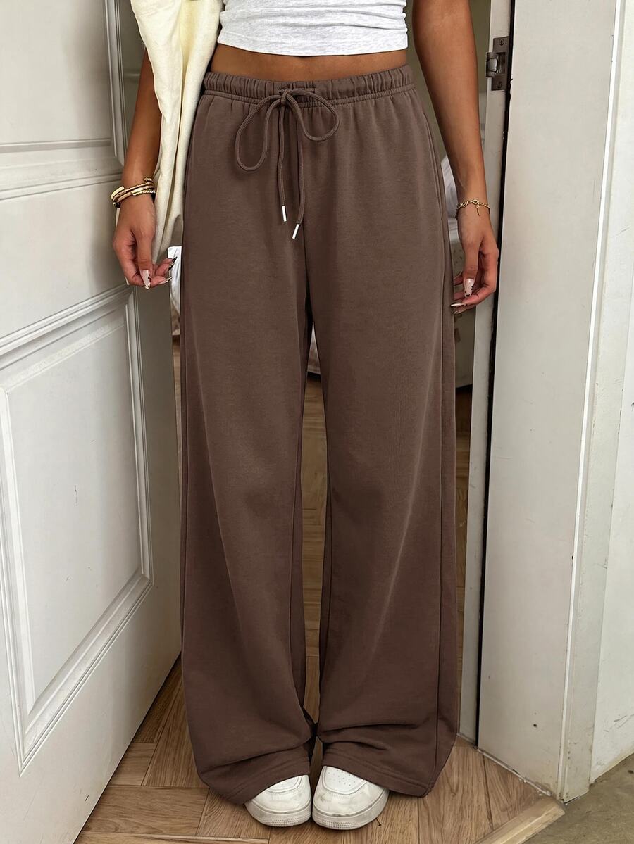 SHEIN EZwear Women's Solid Color Drawstring Elastic Waist Casual Daily Versatile Loose Sweatpants Airport Dark Brown Fall - Brown - View 1