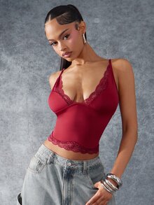 Denimoi 超彈力蕾絲飾邊細肩帶背心上衣 性感上衣 GNO 約會之夜 女生之夜蕾絲背心 - 酒紅色 - 查看 2