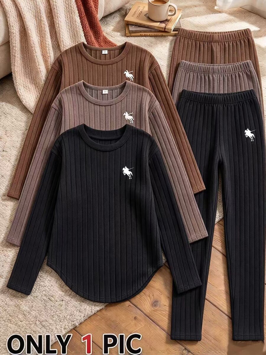 SHEIN Vintaside Kids Tween Girl Autumn/Winter Thick Warm Student Sports 80s Inner Layer Fuzzy Ribbed Crew Neck Long Sleeve Top Leggings T-Shirt Set Brown Black - Black - View 1