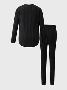SHEIN Vintaside Kids Tween Girl Autumn/Winter Thick Warm Student Sports 80s Inner Layer Fuzzy Ribbed Crew Neck Long Sleeve Top Leggings T-Shirt Set Brown Black - Black - View 3