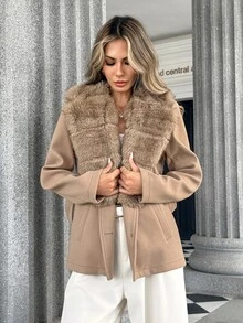 SHEIN PariChic Women's Solid Color Elegant Plush Patchwork Waist-Cinching Jacket With Pockets, Fashionable Versatile, Autumn/Winter - Brown - View 6