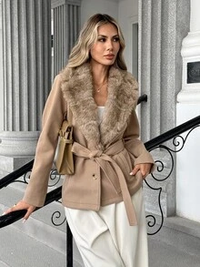 SHEIN PariChic Women's Solid Color Elegant Plush Patchwork Waist-Cinching Jacket With Pockets, Fashionable Versatile, Autumn/Winter - Brown - View 5