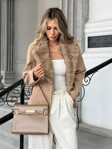 SHEIN PariChic Women's Solid Color Elegant Plush Patchwork Waist-Cinching Jacket With Pockets, Fashionable Versatile, Autumn/Winter - Brown - View 7