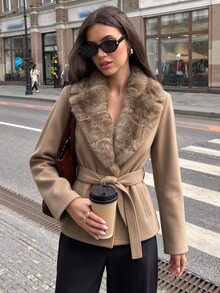 SHEIN PariChic Women's Solid Color Elegant Plush Patchwork Waist-Cinching Jacket With Pockets, Fashionable Versatile, Autumn/Winter - Brown - View 4