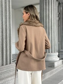 SHEIN PariChic Women's Solid Color Elegant Plush Patchwork Waist-Cinching Jacket With Pockets, Fashionable Versatile, Autumn/Winter - Brown - View 2