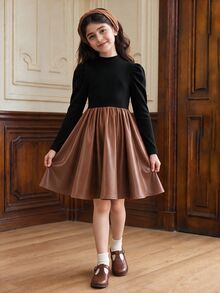 Girls' Autumn/Winter Knitted Patchwork Design PU Leather Dress - Brown - View 2