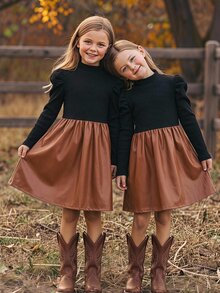 Girls' Autumn/Winter Knitted Patchwork Design PU Leather Dress - Brown - View 13