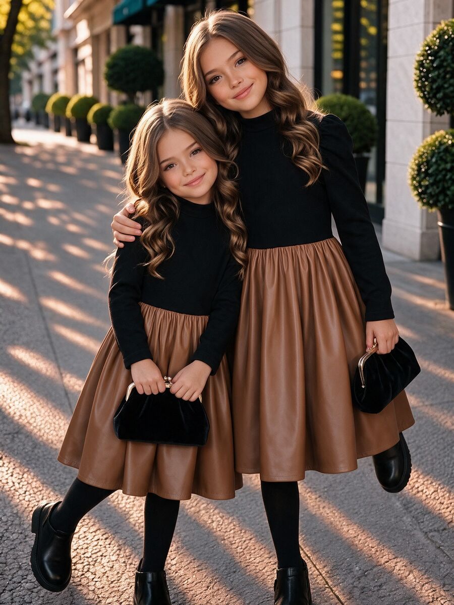 Girls' Autumn/Winter Knitted Patchwork Design PU Leather Dress - Brown - View 1
