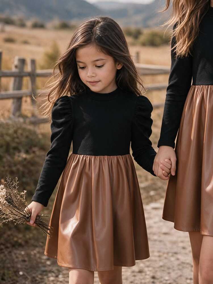Girls' Autumn/Winter Knitted Patchwork Design PU Leather Dress - Brown - View 11