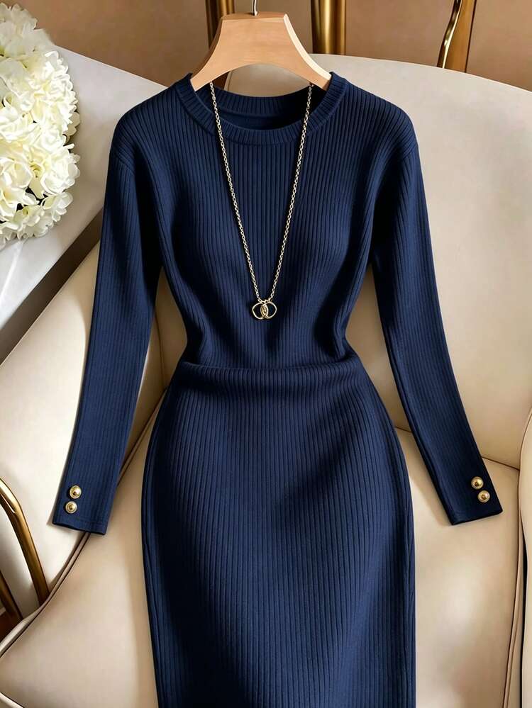 SHEIN Franclia Women's Solid Color Round Neck Casual Daily Summer Dress - Navy Blue - View 3