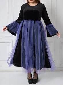 SHEIN CURVE+ 大尺碼女款 22W 秋冬新款天鵝絨拼接網紗連身裙，萬聖節 Cosplay 派對度假女巫風，適合特大號 5XL 女性 - 彩色 - 查看 3