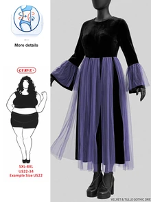 SHEIN CURVE+ 大尺碼女款 22W 秋冬新款天鵝絨拼接網紗連身裙，萬聖節 Cosplay 派對度假女巫風，適合特大號 5XL 女性 - 彩色 - 查看 6