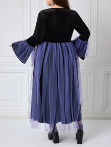 SHEIN CURVE+ 大尺碼女款 22W 秋冬新款天鵝絨拼接網紗連身裙，萬聖節 Cosplay 派對度假女巫風，適合特大號 5XL 女性 - 彩色 - 查看 4