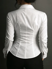 Ceyna Women's Autumn/Winter Casual Elegant Sexy Vacation Commute Turn Collar Regular Shoulder Long Sleeve Ruched Waist Faux Placket Button Curved Hem Shirt - White - View 2