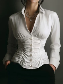 Ceyna Women's Autumn/Winter Casual Elegant Sexy Vacation Commute Turn Collar Regular Shoulder Long Sleeve Ruched Waist Faux Placket Button Curved Hem Shirt - White - View 3