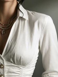 Ceyna Women's Autumn/Winter Casual Elegant Sexy Vacation Commute Turn Collar Regular Shoulder Long Sleeve Ruched Waist Faux Placket Button Curved Hem Shirt - White - View 4
