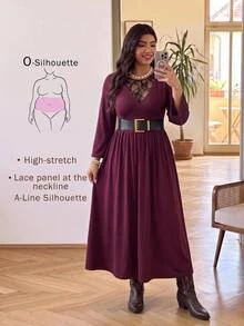 Enliva Plus Size Women's Flowy Maxi Dress V Neck Long Sleeve Gothic Elegant Fall Dress Flattering Compatible With Apple Shape - Rose Red - View 1
