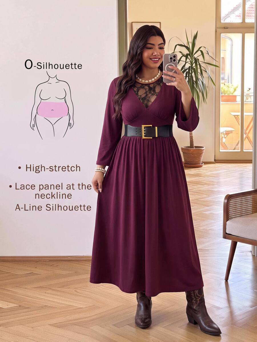Enliva Plus Size Women's Flowy Maxi Dress V Neck Long Sleeve Gothic Elegant Fall Dress Flattering Compatible With Apple Shape - Rose Red - View 1