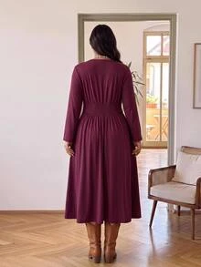 Enliva Plus Size Women's Flowy Maxi Dress V Neck Long Sleeve Gothic Elegant Fall Dress Flattering Compatible With Apple Shape - Rose Red - View 2