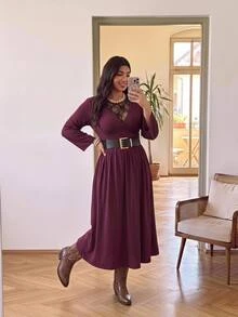 Enliva Plus Size Women's Flowy Maxi Dress V Neck Long Sleeve Gothic Elegant Fall Dress Flattering Compatible With Apple Shape - Rose Red - View 5