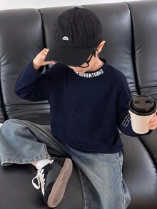 兒童 YoungBoy 韓系休閒字母印花舒適針織面料長袖T恤，舒適時尚極簡實用百搭柔軟 - 藏蓝色 - 查看 3