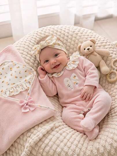Conjunto de 2 piezas para recién nacido con mono largo de manga larga y arrullo patchwork, elegante, fresco y lindo, en rosa con forro polar doble cara, patchwork de flores amarillas con marca de agua, peluche, lazo, aplique bordado en el cuello, tela cepillada con estampado floral pequeño, cuello redondo, cordón, diseño de botón de hongo, casual, cómodo, suave y cálido para casa