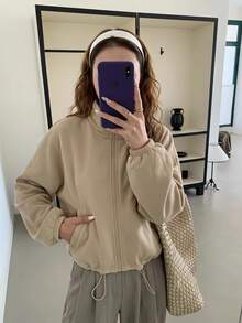 Easowa 女款拉鍊抽繩長袖保暖抓絨時尚休閒立領運動衫 卡其色 適合秋季度假野餐旅行日常穿著 - 卡其色 - 查看 9