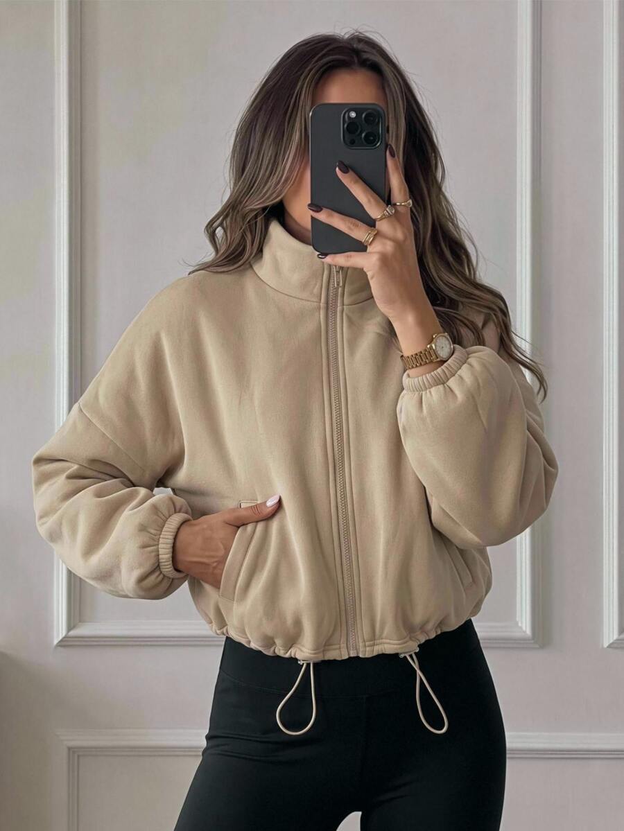 Easowa Women's Zip-Up Drawstring Long Sleeve Warm Fleece Fashionable Casual Stand Collar Sweatshirt Khaki In Fall Vacation Picnic Travel Everyday - Khaki - View 1