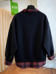 Franclia 复古休闲秋冬格子拼接二合一POLO衫，宽松显瘦藏蓝色冬季女装加厚卫衣，圣诞节套头衫，感恩节女式卫衣，冬季女式卫衣，女式卫衣 - 藏蓝色 - 查看 2