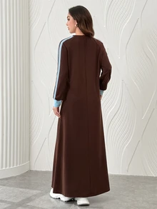 Al Najma Women Spring Autumn Casual Sporty Dark Brown Round Neck Striped Contrast Cuff Loose Long Sleeve Modest Dress For Daily Shopping Walking Outing - Coffee Brown - View 3
