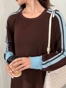 Al Najma Women Spring Autumn Casual Sporty Dark Brown Round Neck Striped Contrast Cuff Loose Long Sleeve Modest Dress For Daily Shopping Walking Outing - Coffee Brown - View 5