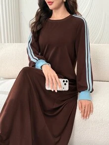 Al Najma Women Spring Autumn Casual Sporty Dark Brown Round Neck Striped Contrast Cuff Loose Long Sleeve Modest Dress For Daily Shopping Walking Outing - Coffee Brown - View 7