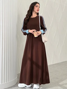 Al Najma Women Spring Autumn Casual Sporty Dark Brown Round Neck Striped Contrast Cuff Loose Long Sleeve Modest Dress For Daily Shopping Walking Outing - Coffee Brown - View 6