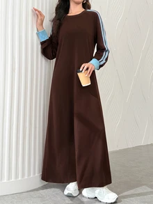 Al Najma Women Spring Autumn Casual Sporty Dark Brown Round Neck Striped Contrast Cuff Loose Long Sleeve Modest Dress For Daily Shopping Walking Outing - Coffee Brown - View 9