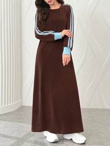 Al Najma Women Spring Autumn Casual Sporty Dark Brown Round Neck Striped Contrast Cuff Loose Long Sleeve Modest Dress For Daily Shopping Walking Outing - Coffee Brown - View 8